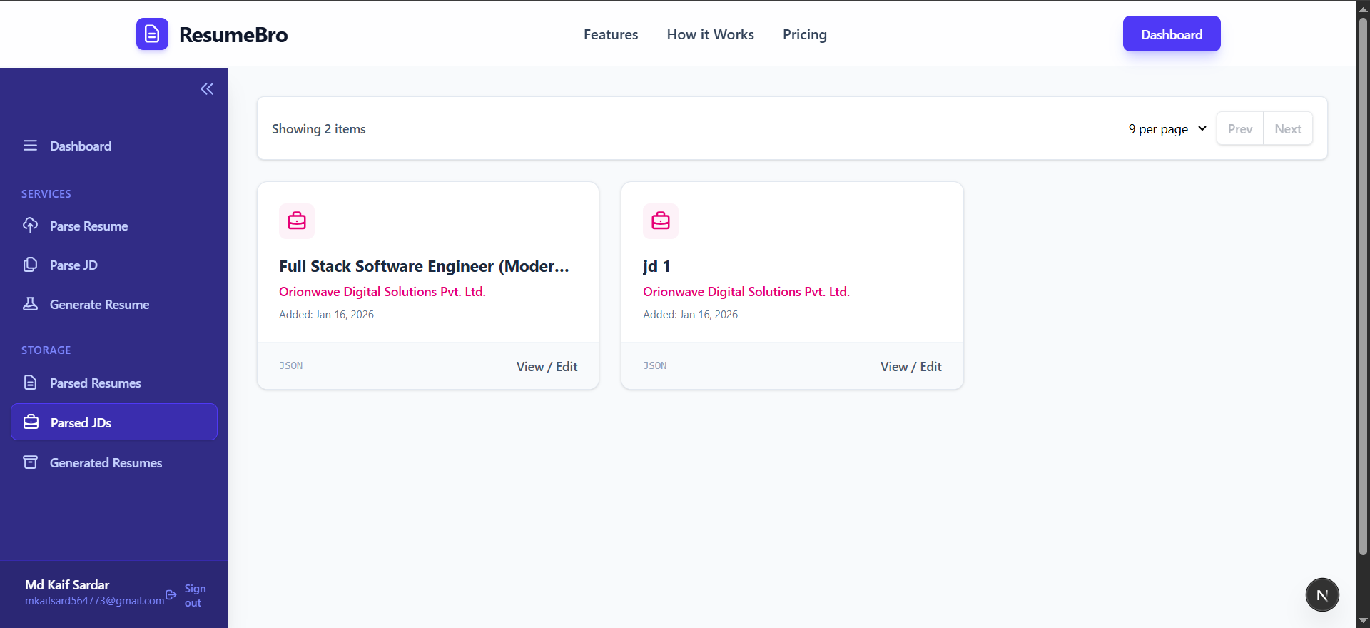 Parsed job descriptions list